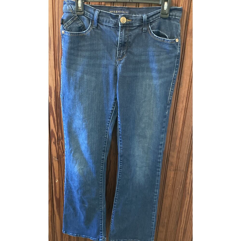 Rock & Republic Gold Logo Mid Rise Kasandra Bootcut Denim Dark Jeans 12 Short
